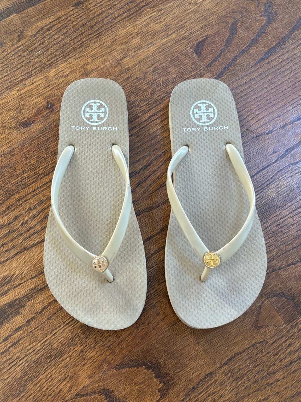 Tory Burch Neutral Beige Logo Flip Flops